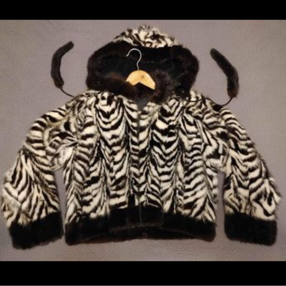 Custom Striped Mink Fur Cropped Jacket with Hood